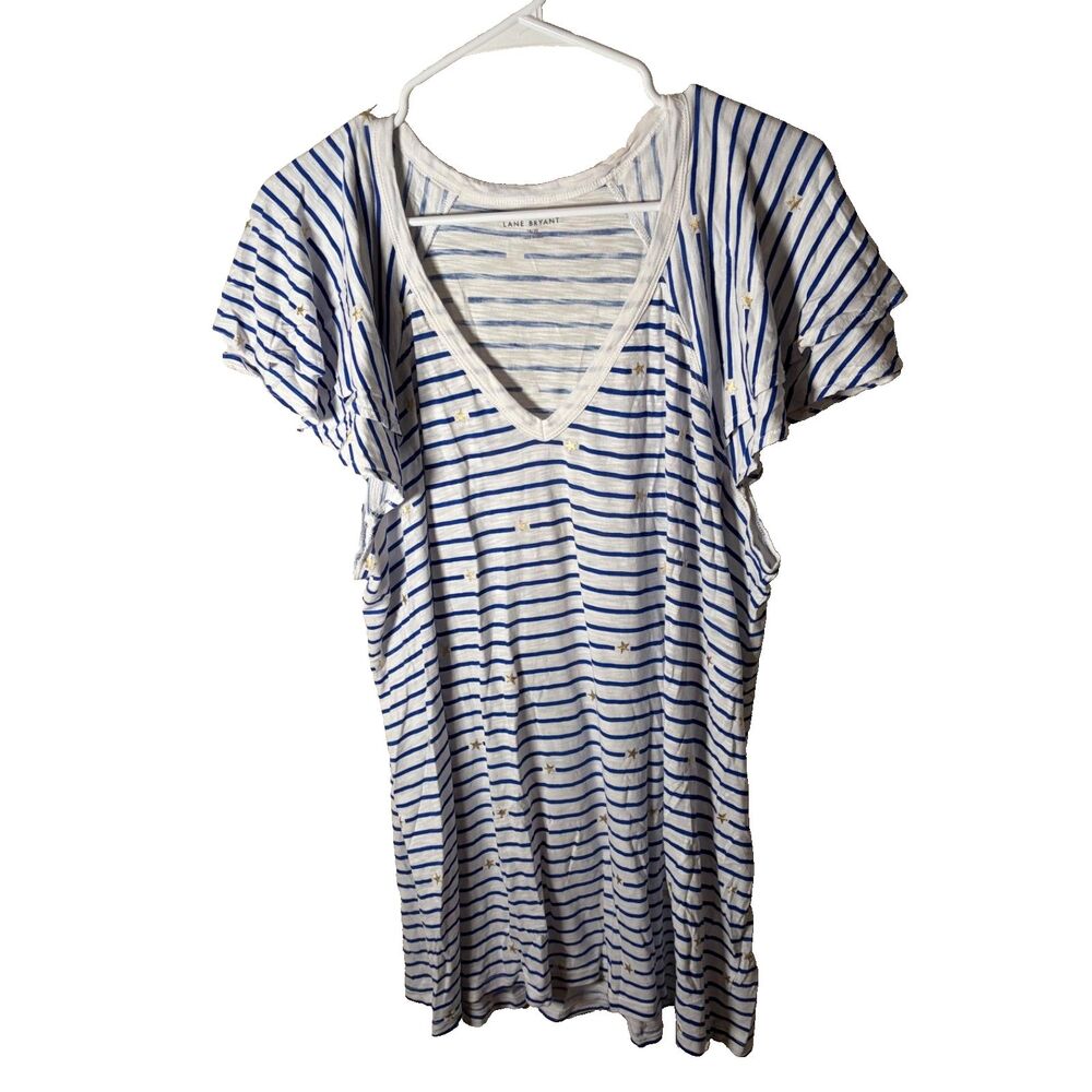 Lane Bryant T-Shirt Women's 18/20 Blue Striped Floral Ruffle Short Sleeve Top